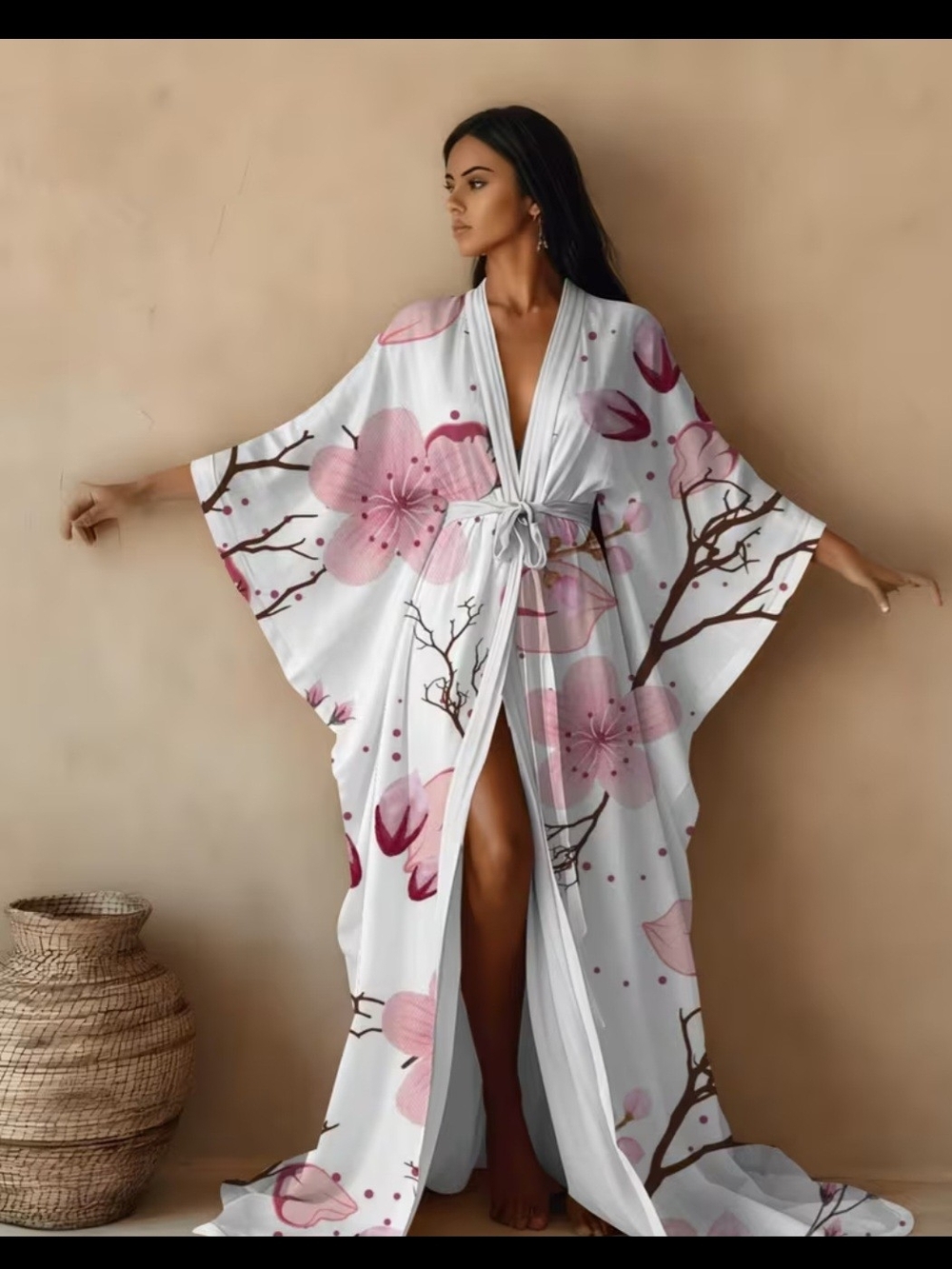 Floral Pink Satin Kimono Robe with Belt - Women Intimates & Sleepwear